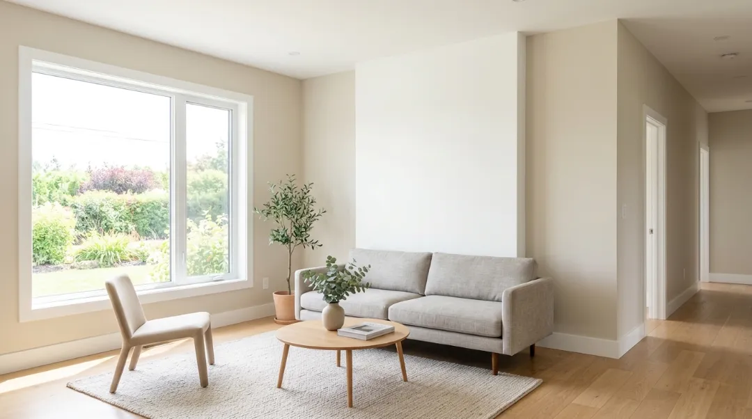 Benefits of interior painting shown in a bright modern living room with freshly painted beige and white walls, natural light, and minimal furniture