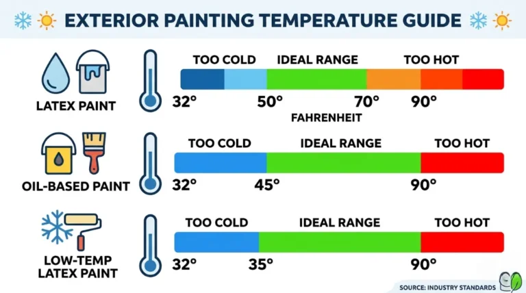 Exterior painting temperature guide showing ideal temperature range for latex paint, oil-based paint, and low-temp latex paint in Fahrenheit