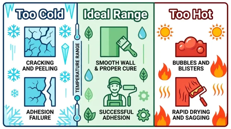 Infographic showing how temperature affects paint finish quality with cracking and adhesion failure in cold, smooth cure in ideal range, and bubbles and blisters in hot weather