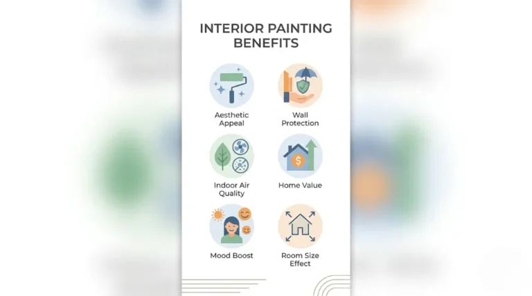 Interior painting benefits infographic showing aesthetic appeal, wall protection, indoor air quality, home value, mood boost, and room size effect