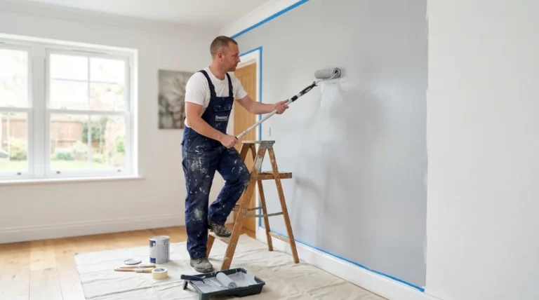 Professional interior painter on a ladder applying fresh coat of paint to interior wall with roller, blue masking tape, and drop cloth on floor