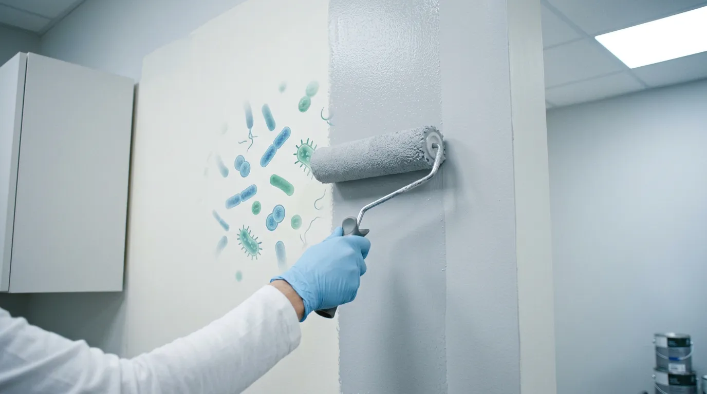 What is antimicrobial paint shown as a gloved painter applying bacteria-resistant wall coating in a clean interior space