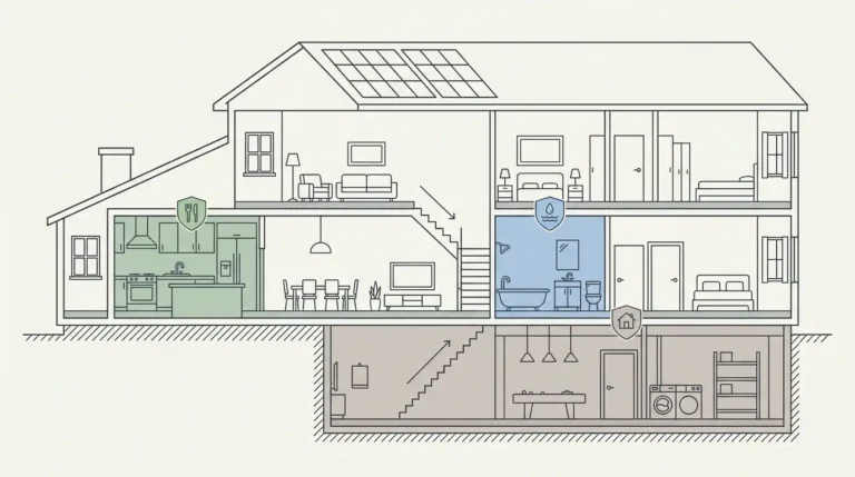 Cross-section illustration of a home highlighting kitchen, bathroom, and basement as the best places to use antimicrobial wall paint for mold and bacteria protection