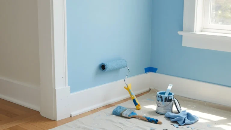 Do you paint trim or walls first guide showing freshly painted white baseboard trim next to a light blue wall, with paint roller, angled brush, and paint can on a drop cloth