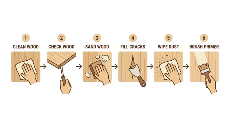 6-step infographic for how to prepare wood for painting: clean wood, check wood, sand wood, fill cracks, wipe dust, and prime wood