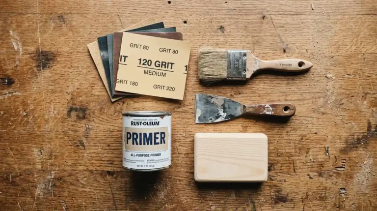 Sandpaper grits, Rust-Oleum primer, paintbrush, and putty knife laid out for how to prepare wood for painting