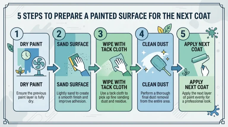 How to sand between paint coats in 5 steps — dry paint, sand surface, wipe with tack cloth, clean dust, apply next coat
