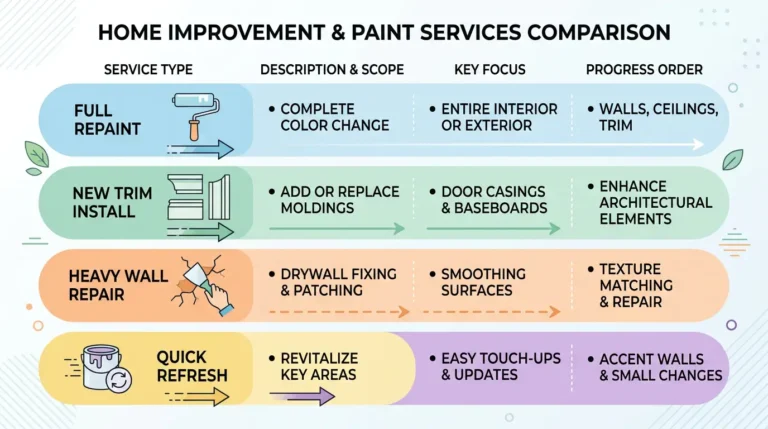 Comparison chart matching paint order to project type: full repaint, new trim install, heavy wall repair, and quick refresh with key focus areas