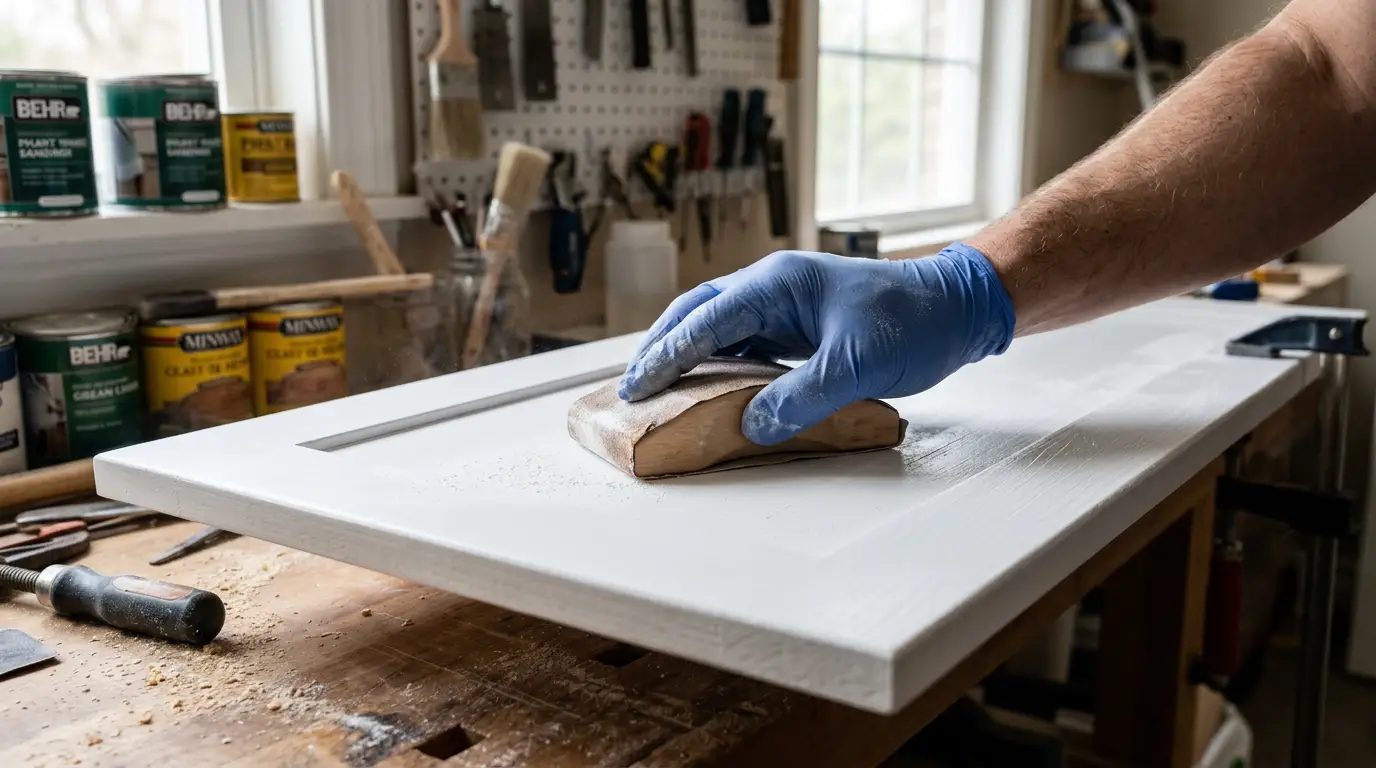 Should you sand between coats of paint — gloved hand using a sanding block on a white cabinet door before the next coat