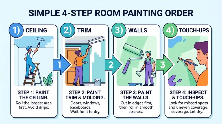 Infographic showing the standard painting sequence used by pros: paint the ceiling first, then trim and baseboards, then walls, then touch ups