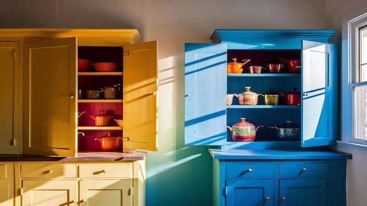 Side-by-side comparison of painted vs stained cabinets showing colorful painted kitchen cabinets and stained wood cabinetry to compare finish, style, durability, and maintenance.