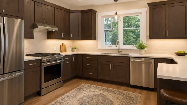 10x10 Kitchen Cabinet Cost shown in a modern kitchen with dark wood cabinets, stainless steel appliances, and bright countertops