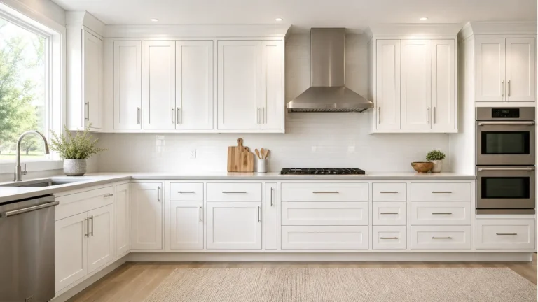 10x10 kitchen cabinet dimensions and sizes shown in a bright L-shaped kitchen with white base cabinets, wall cabinets, drawers, and appliances.