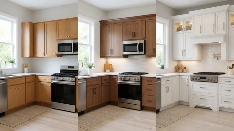 Average Cost of Cabinets for a 12x12 Kitchen shown through three kitchen cabinet styles, from natural wood to premium white cabinetry.