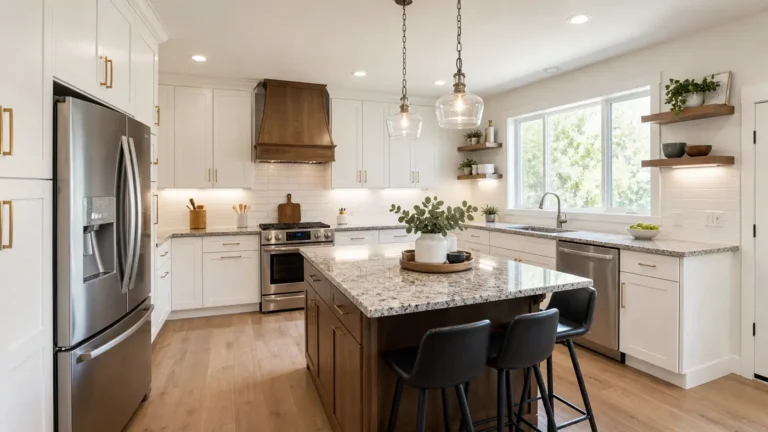 Average Cost of Cabinets for a 12x12 Kitchen shown in a bright modern kitchen with white cabinets, wood island, and granite countertops.
