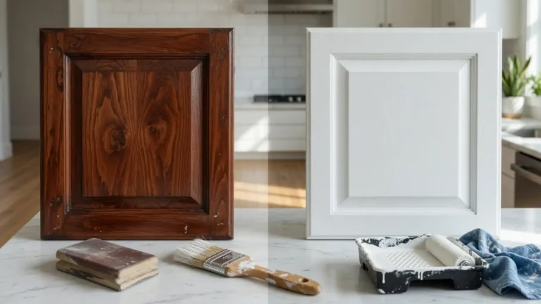 Can You Paint Over Stained Wood? Before and after stained wood cabinet painting