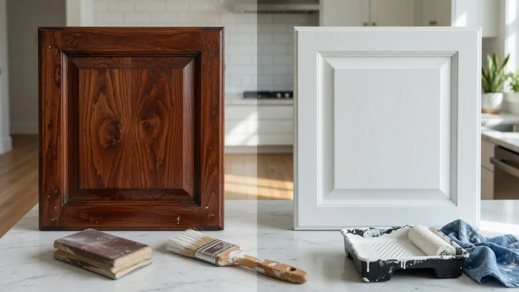 Can You Paint Over Stained Wood? Before and after stained wood cabinet painting