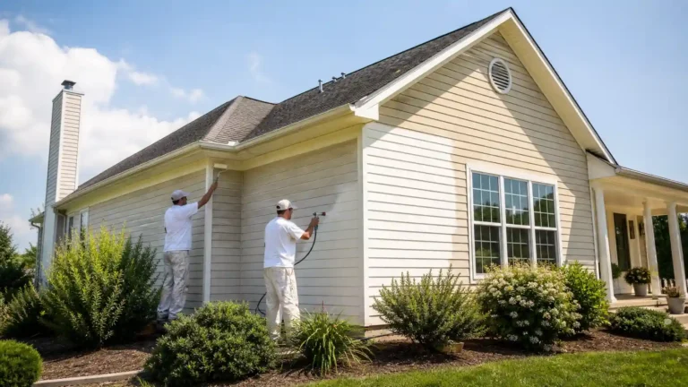 Two professional painters spraying and rolling light beige paint onto vinyl siding, showing can you paint siding on a house in real life