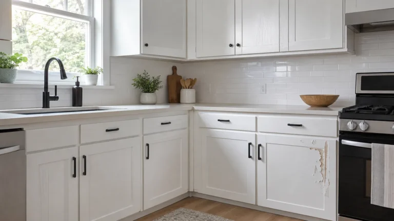 Common Cabinet Painting Mistakes shown on white kitchen cabinets, including peeling paint and an uneven finish on a lower cabinet door.