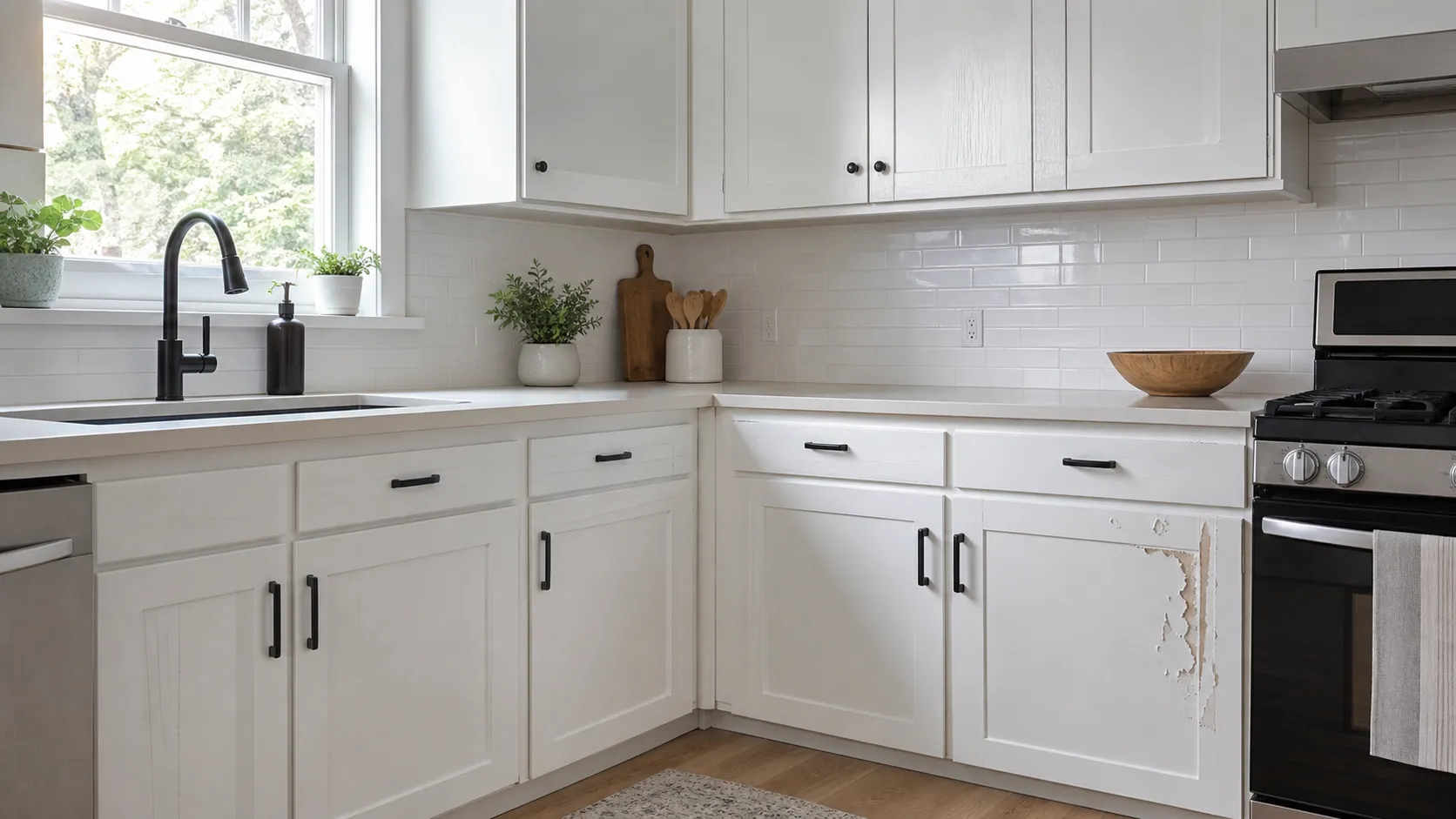 Common Cabinet Painting Mistakes shown on white kitchen cabinets, including peeling paint and an uneven finish on a lower cabinet door.