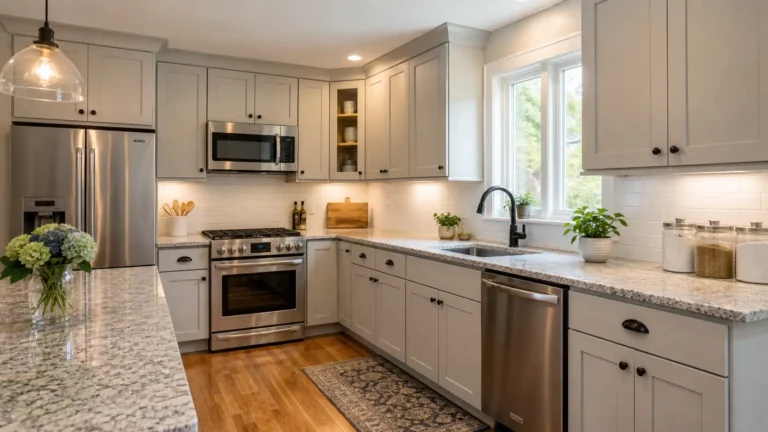 Cost to Paint Cabinets in a 10×12 Kitchen shown with freshly painted light gray shaker cabinets, granite counters, and stainless appliances.