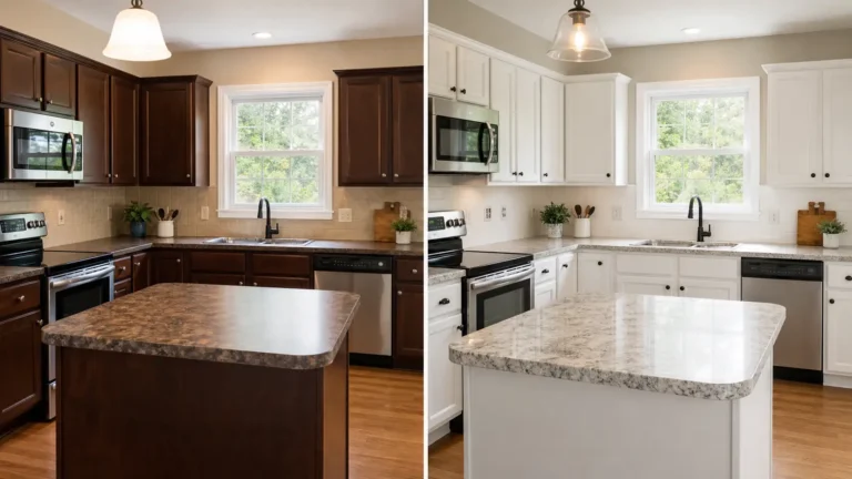 Before and after kitchen cabinet painting showing dark wood cabinets transformed into a bright white finish for a fresh, updated look.