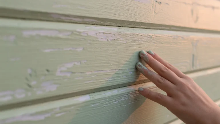 Hand touching freshly painted green wood siding to test if it is dry to the touch, showing the paint drying and curing stage