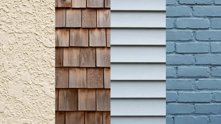 Close-up of four exterior wall surfaces side by side: stucco, cedar shakes, vinyl siding, and painted brick, each needing a different paint sheen