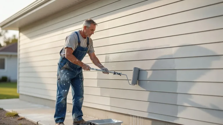 Professional painter using a roller to apply gray exterior paint to house siding, illustrating how long does exterior paint take to dry in sunlight
