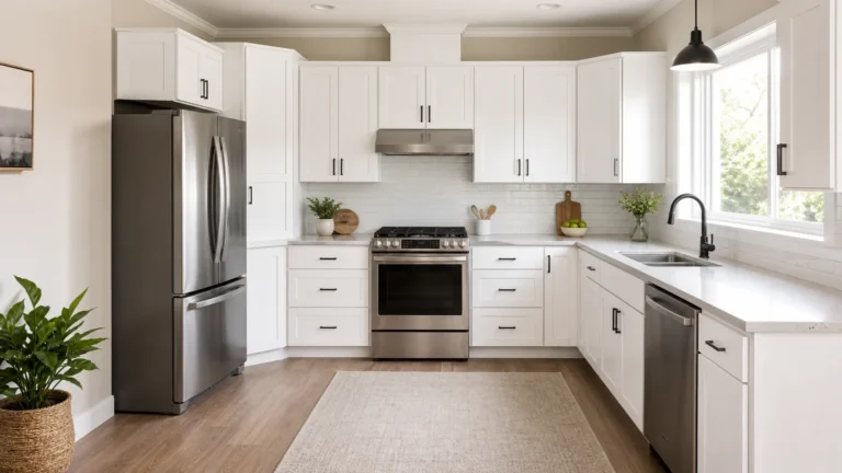 How Many Cabinets Fit in a 10x10 Kitchen showing a bright white L-shaped kitchen with upper and lower cabinets, stove, sink, and refrigerator.