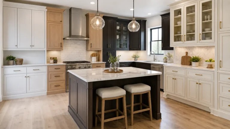 10x10 kitchen cabinets in a bright modern kitchen, featuring white, wood, and dark finishes with an island and spacious storage.