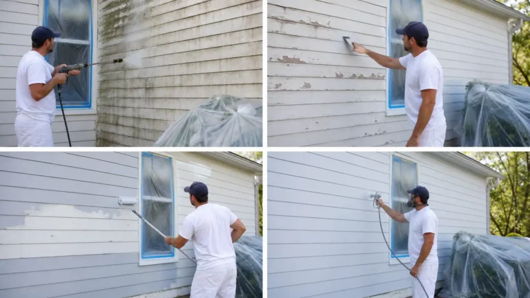 Four-step photo sequence of a painter pressure washing, scraping, rolling, and spraying siding, showing how to paint siding on a house