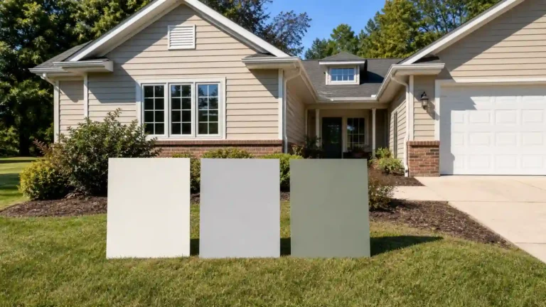 Three large paint sample boards standing on a lawn in front of a tan house, showing how to test exterior house colors in real sunlight.