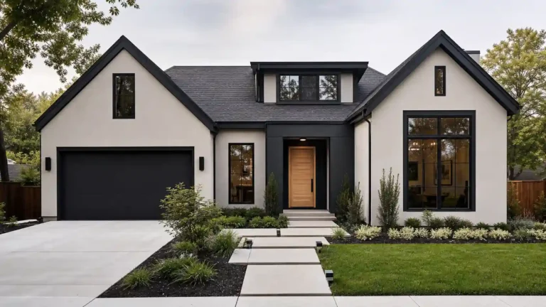 Modern farmhouse with warm white stucco, black trim, black garage door, and a wood front door, a strong example of modern exterior house colors.