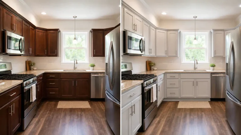Split-view kitchen comparison showing dark brown wood cabinets on the left and the same cabinets painted light gray on the right.