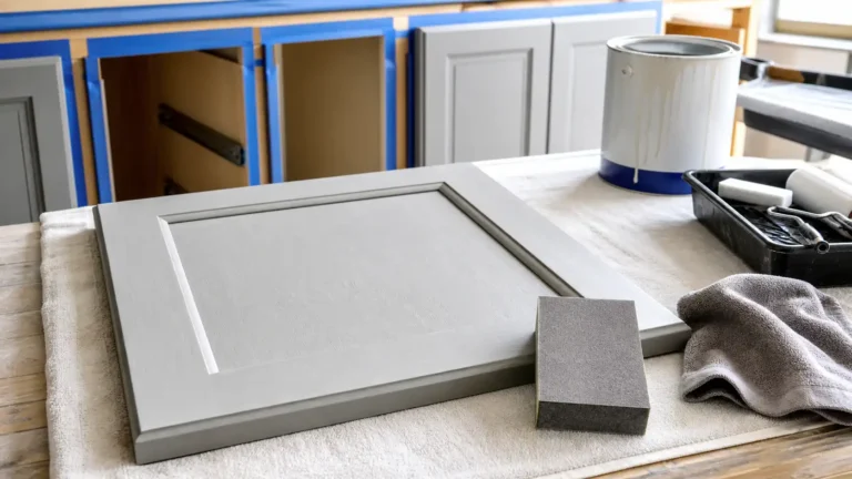 Proper cabinet preparation with a painted cabinet door, sanding block, paint supplies, and protected work surface ready for painting.