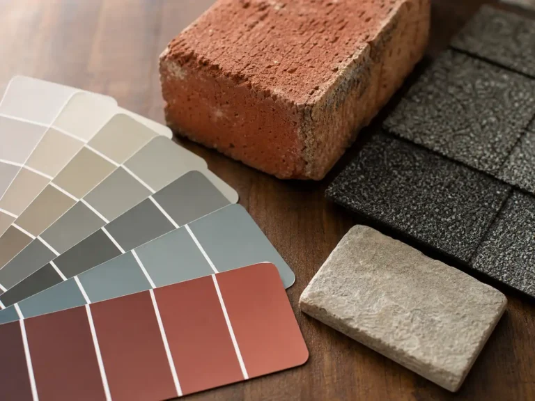 Fanned paint color swatches next to a red brick, gray roof shingles, and a stone tile, showing how to match exterior paint to fixed materials.
