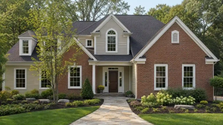 Two-story brick and beige siding house with dark gray roof and white trim, a real example when deciding what color should I paint my house exterior.