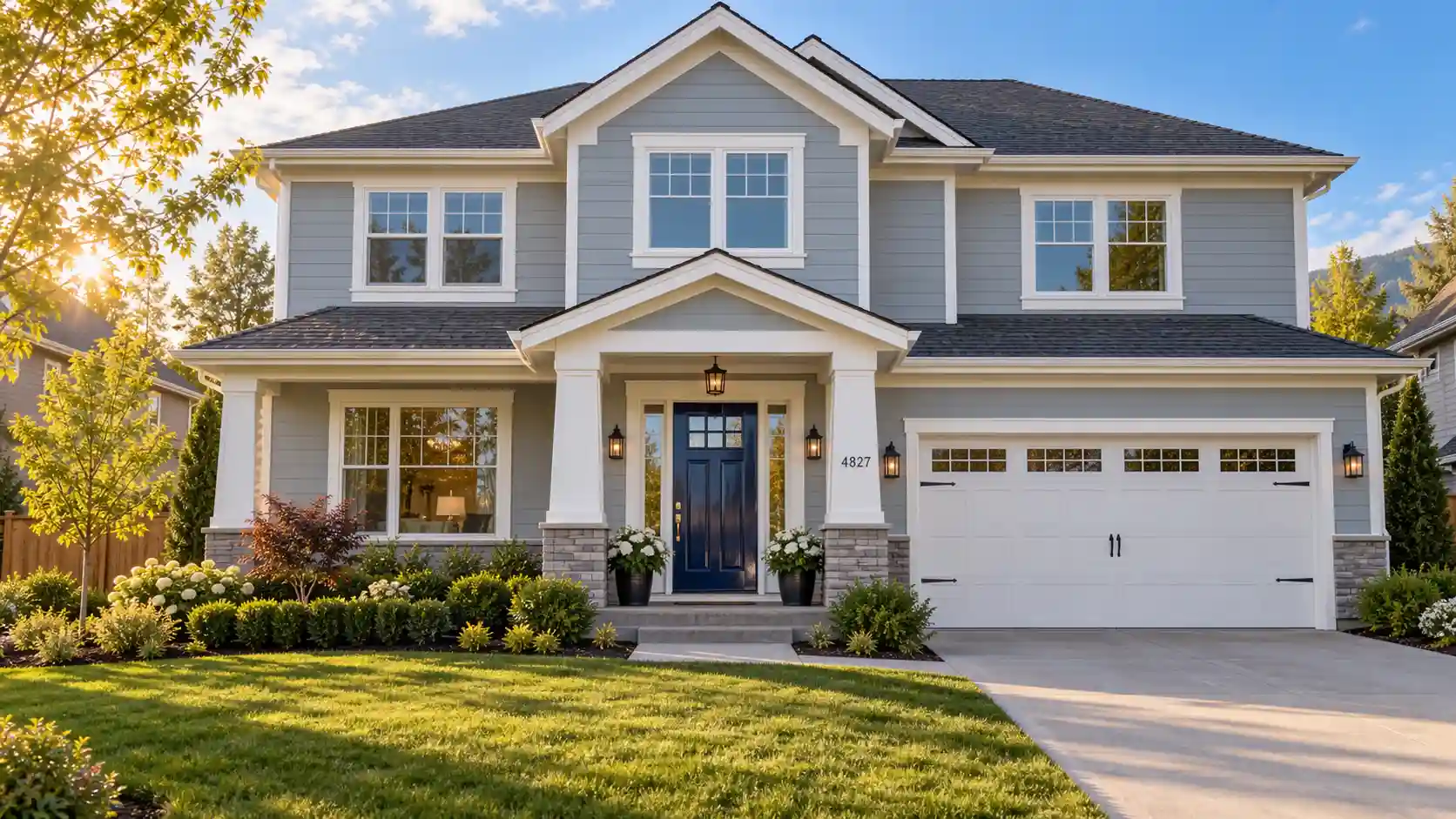 Two-story gray house exterior showing what sheen for exterior paint looks like, with satin siding, semi-gloss trim, and a glossy navy front door