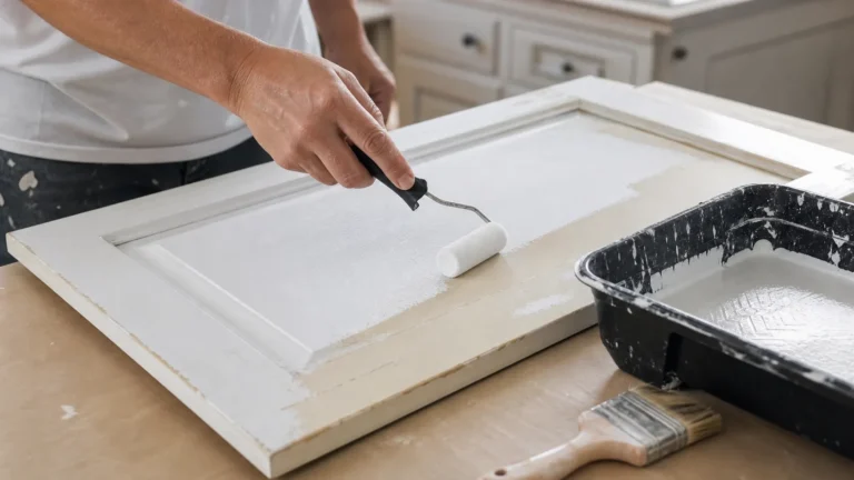 Person applying bonding primer to a kitchen cabinet door with a foam roller to prepare the surface for a smooth paint finish.