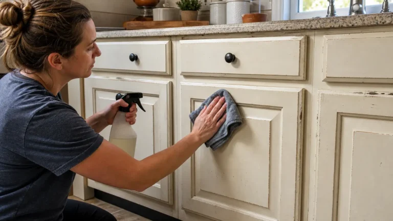 Person cleaning painted kitchen cabinets with a microfiber cloth and spray cleaner before painting to remove grease and surface residue.