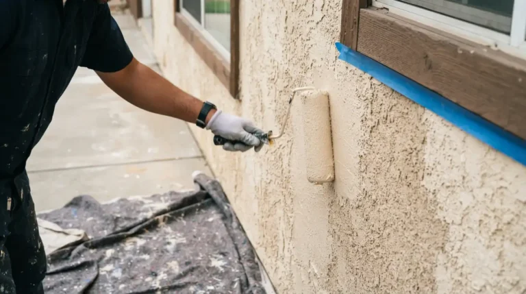 Painter rolling beige paint onto a textured stucco wall, showing the cost of painting exterior of ranch house with proper prep and taping