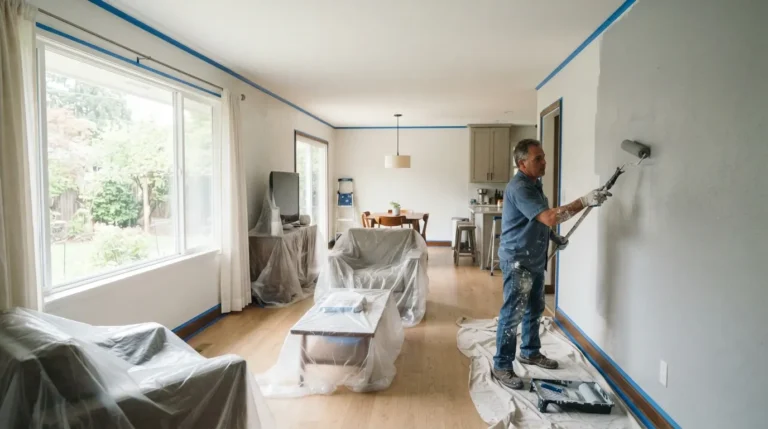 Painter rolling gray paint onto a living room wall with furniture covered in plastic, showing the cost of ranch house painting interior work