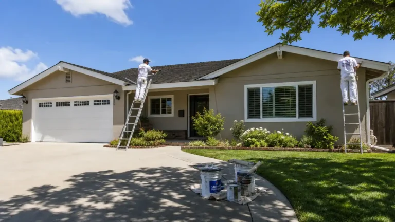 Two painters on ladders repaint a stucco ranch house exterior, showing how much does it cost to paint a ranch house on a sunny day