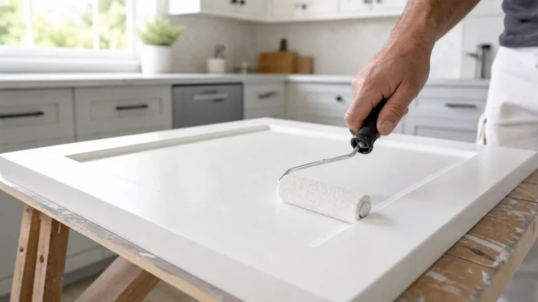 Close-up of a hand using a foam roller to paint a white cabinet door smoothly, demonstrating how to avoid roller marks when painting cabinets.
