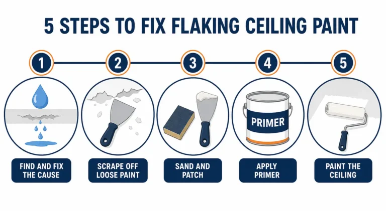 Infographic showing how to fix flaking ceiling paint in 5 steps: find and fix the cause, scrape, sand and patch, apply primer, and paint the ceiling