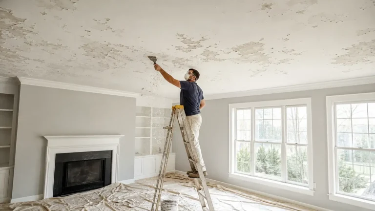 How to fix flaking ceiling paint: a painter in a mask and safety glasses scrapes loose paint from a ceiling while standing on a ladder