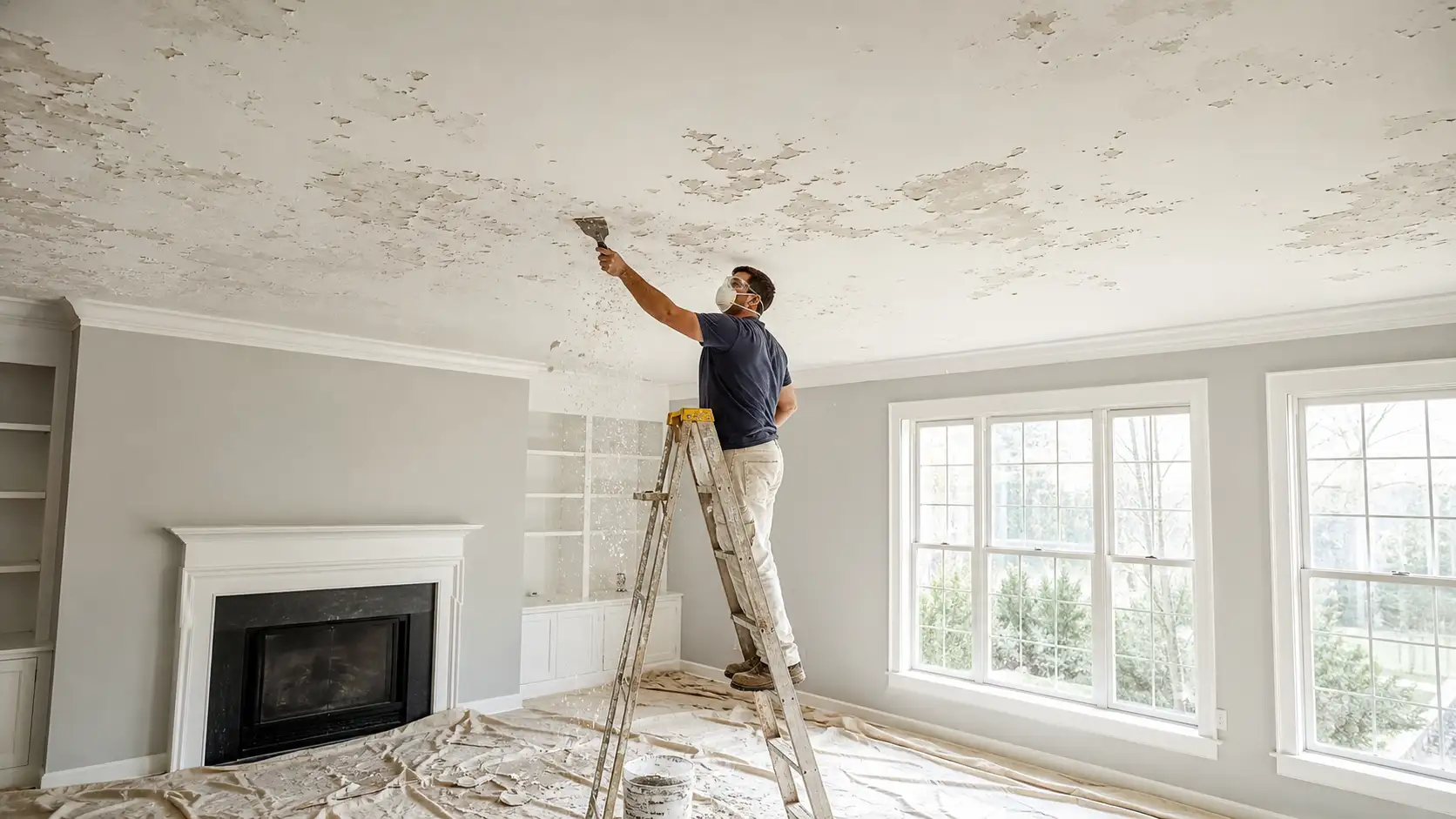 How to fix flaking ceiling paint: a painter in a mask and safety glasses scrapes loose paint from a ceiling while standing on a ladder