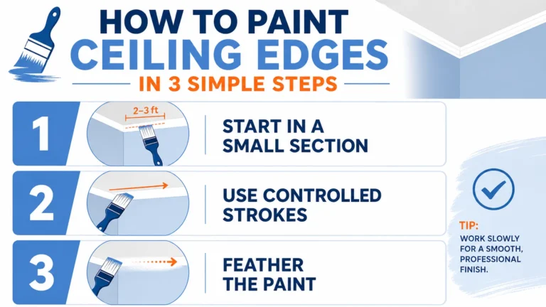 Infographic showing how to paint ceiling edges in 3 simple steps: start in a small section, use controlled strokes, and feather the paint