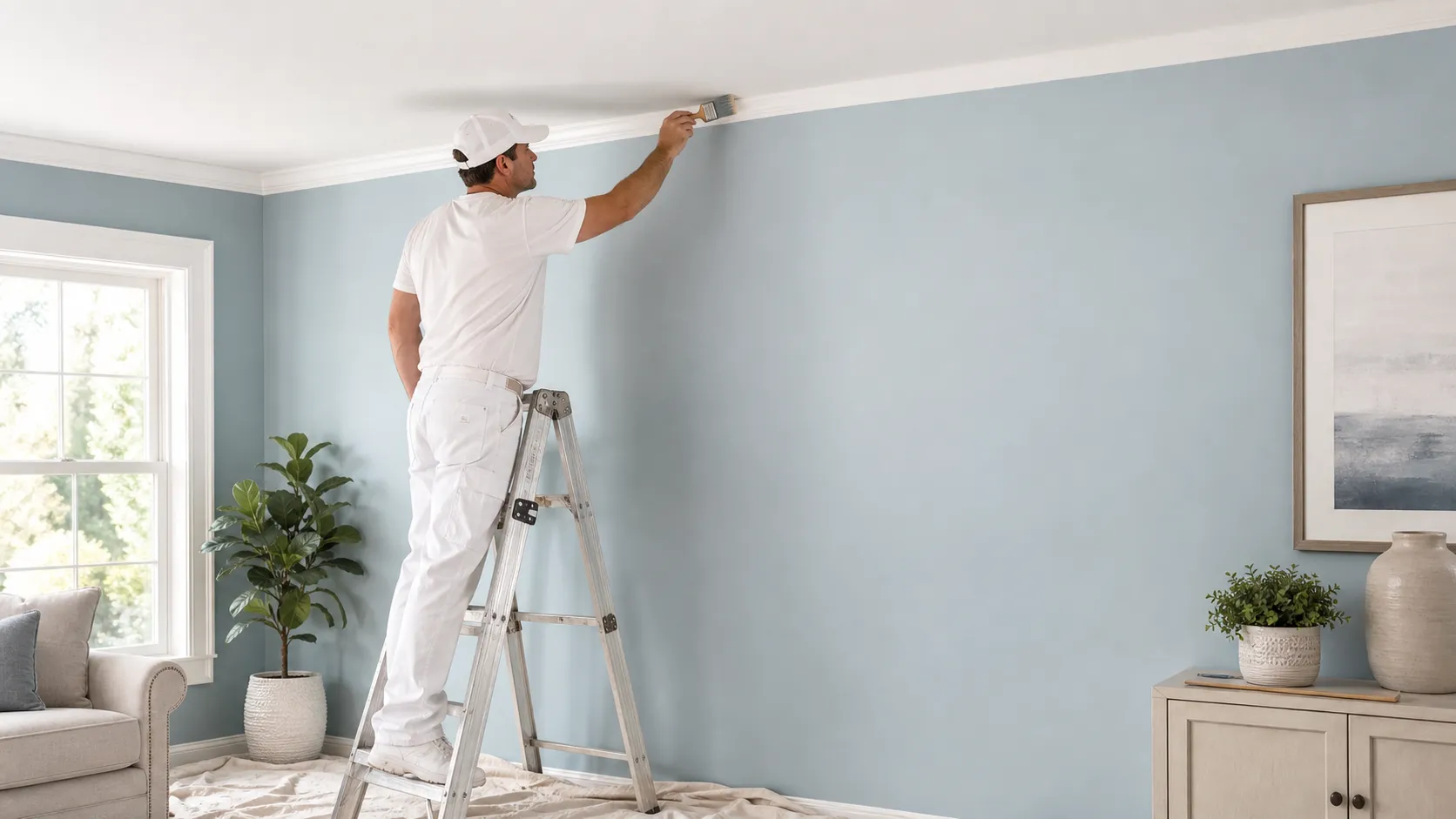Professional painter on a ladder showing how to paint ceiling edges with an angled brush along a light blue wall and white ceiling